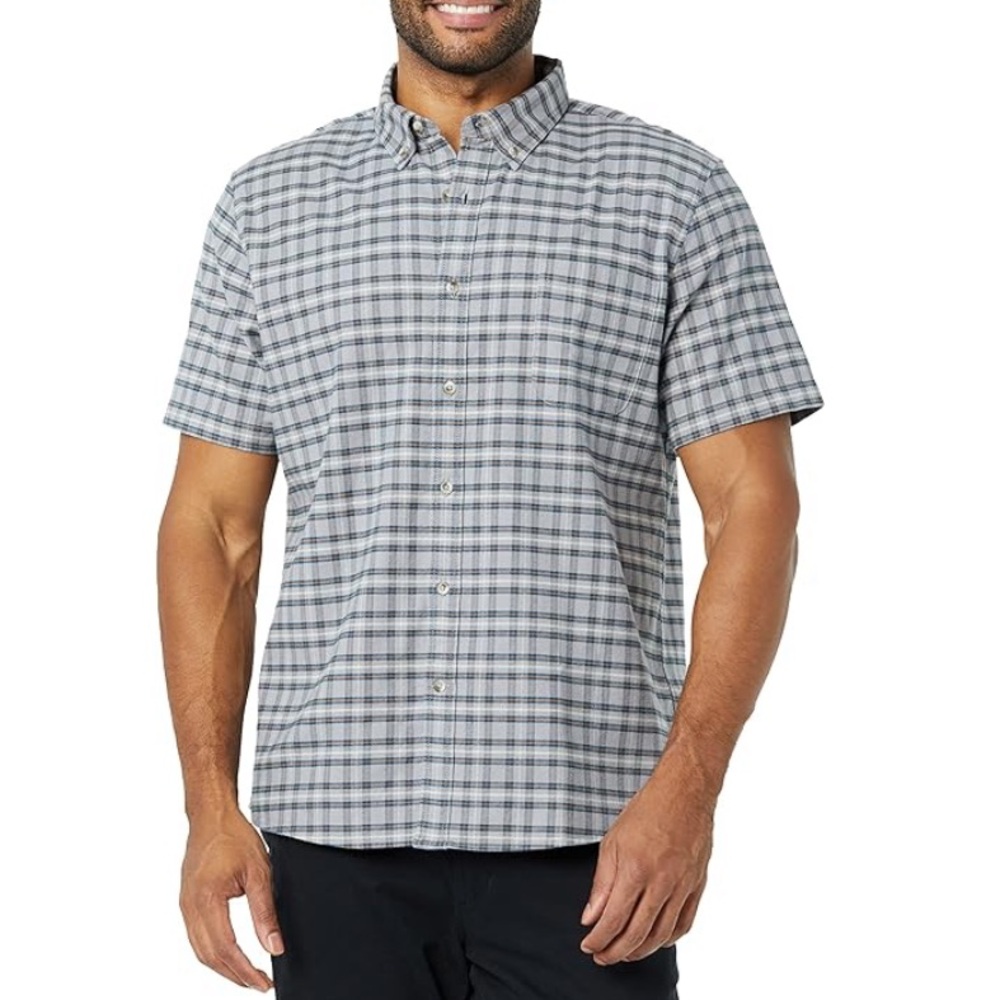 Short Sleeve Stretch Oxford Grey Plaid Button-Up Shirt